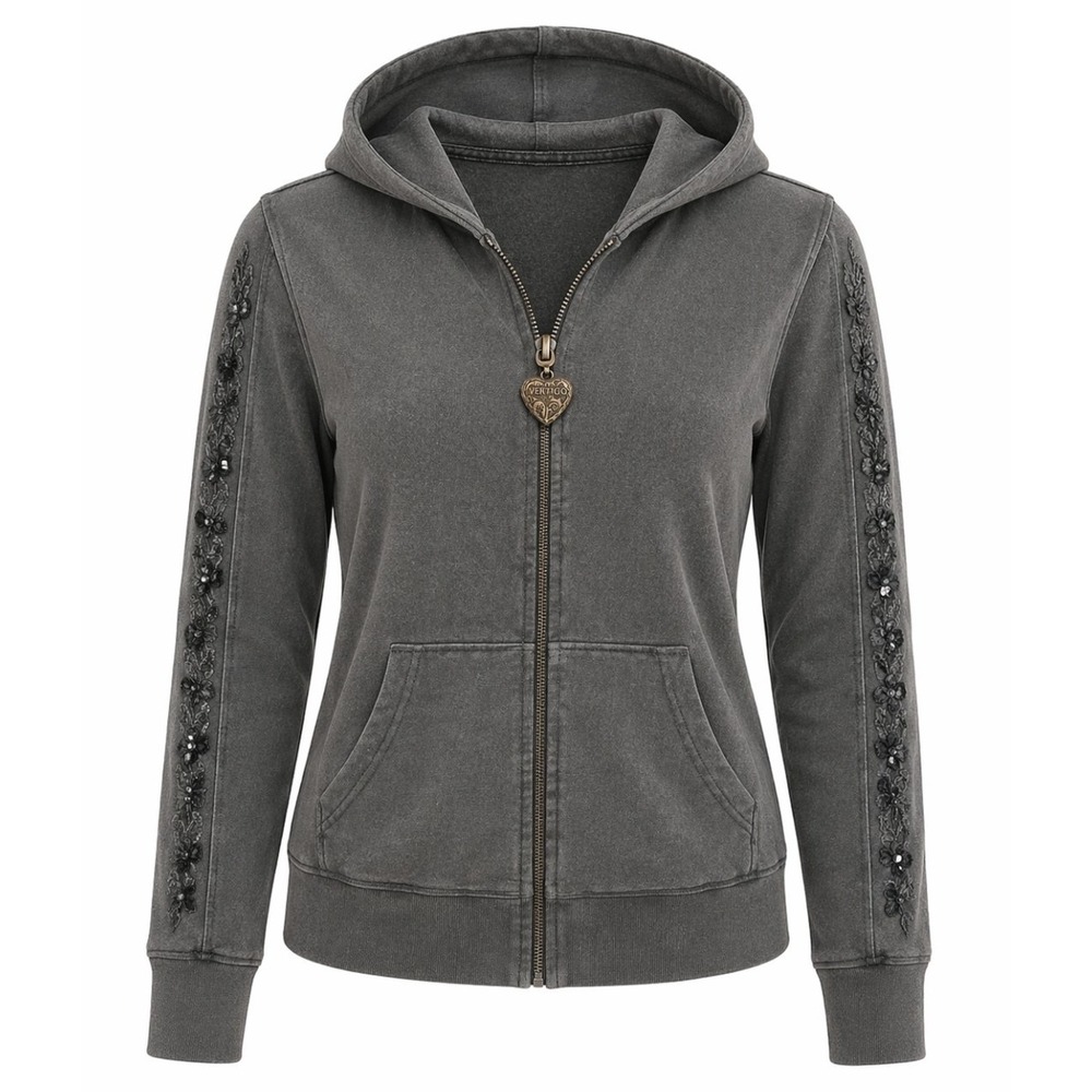 Vertigo Paris Y2K Hoodie SMALL Gray Stretch Zip Up Beaded Embroidered Jacket